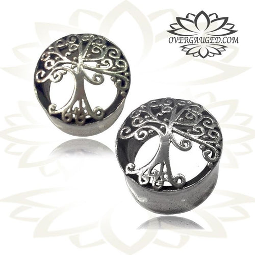 Pair White Brass Tunnels, Tree of Life Gauges, Tribal Brass Plugs, Ear Gauges, Tribal Body Jewelry