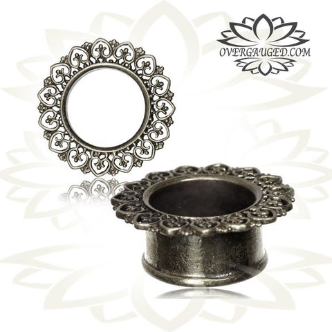 Pair Antiqued White Brass Tunnels with Afghan Dots, Tribal Brass Gauges, Double Flared Plugs, Body Jewelry.