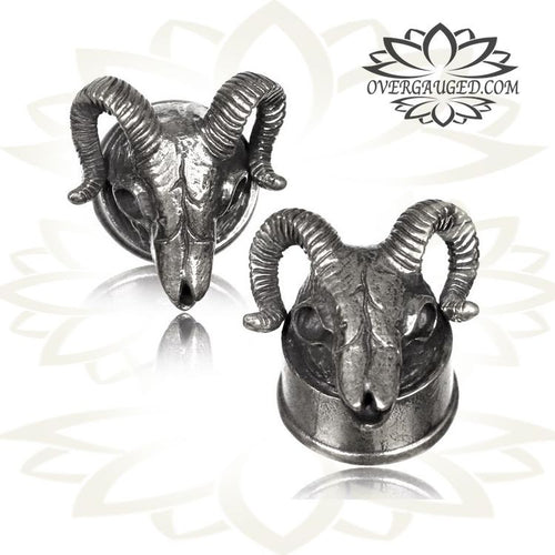 Pair Antiqued Ram Skull White Brass Plugs, Tribal Brass Tunnels, Ear Gauges, Double Flared Tribal Plugs.