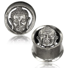 Pair Ornate White Brass Buddha Plugs, Tribal Tunnels, Brass Ear Gauges, Tribal Double Flared Plugs, Tribal Body Jewelry.