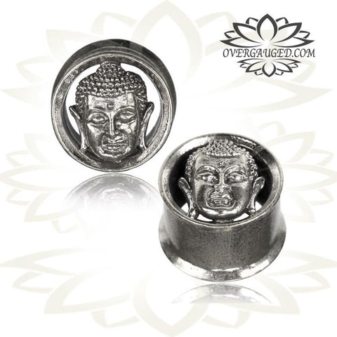 Pair of Antiqued White Brass Tunnels, Silver Lotus Tunnels, Tribal Double Flared Brass Plugs, Brass Body Jewelry Gauges.