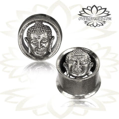 Pair Ornate White Brass Buddha Plugs, Tribal Tunnels, Brass Ear Gauges, Tribal Double Flared Plugs, Tribal Body Jewelry.