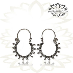 Pair Antiqued Hanging Tribal Silver Earrings - Dangling Silver Afghan Hoop Earrings, Tribal Silver Hoops.