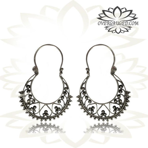 Pair of White Brass Earrings, Antiqued Tribal Brass Lotus Flower Hoop Earrings, Brass Body Jewelry.