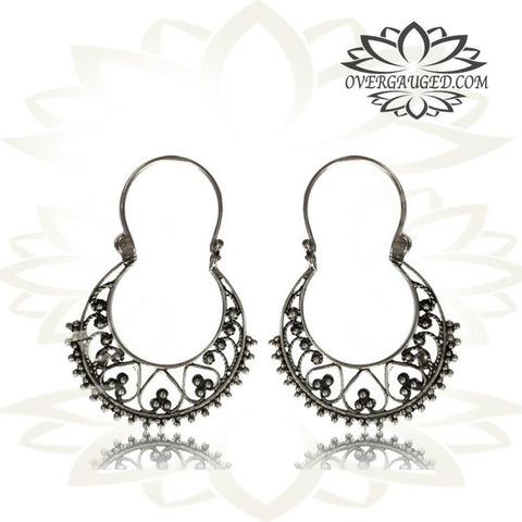 Pair of Long White Brass Earrings, Antiqued Flower of Life Tribal Hoops with Sterling Silver Wire, Silver Earrings.