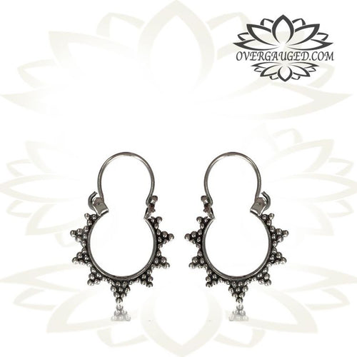 Pair Sterling Silver Earrings - Antiqued Thai Hill Tribe Silver Jewelry, Tribal Silver Hoop Earrings, Tribal Silver Body Jewelry.