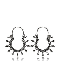 Pair Hanging Sterling Silver Earrings - Antiqued Tribal Afghan Silver Silver Hoops, Tribal Afghan Silver Earrings, Dangling Silver Hoop Earrings.