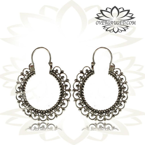 Pair Hanging Tribal Silver Earrings, Antiqued Tribal Silver Hoop Earrings, Hill Tribe Silver Earrings, Body Jewelry, Silver Hoops.