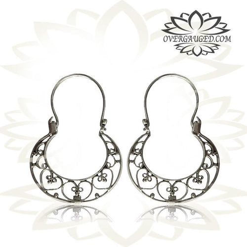 Pair of Long Hanging Sterling Silver Earrings - Antiqued Tribal Silver Earrings, Tribal Silver Earrings, Silver Hoop Earrings.