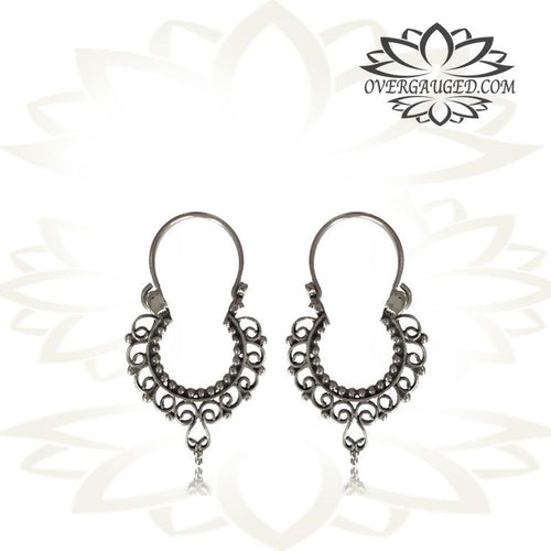 Pair Hanging Sterling Silver Earrings - Antiqued Thai Hill Tribe Silver Earrings, Dangle Hoop Earrings, Tribal Silver Jewelry.