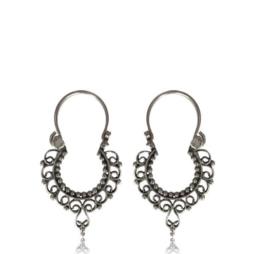 Pair Hanging Sterling Silver Earrings - Antiqued Thai Hill Tribe Silver Earrings, Dangle Hoop Earrings, Tribal Silver Jewelry.
