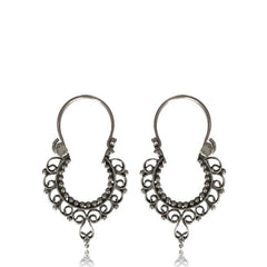 Pair Hanging Sterling Silver Earrings - Antiqued Thai Hill Tribe Silver Earrings, Dangle Hoop Earrings, Tribal Silver Jewelry.
