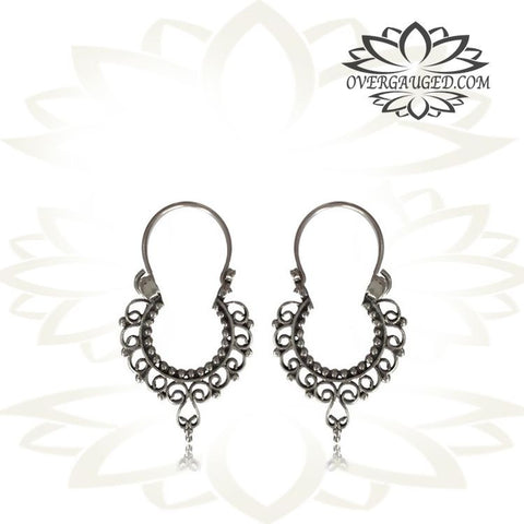 Pair Brass Earrings Antiqued Lotus Flower Tribal Hoops Hangers.