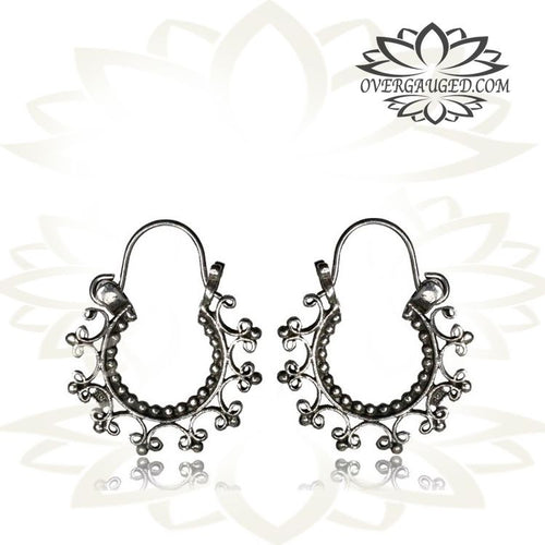 Pair Hanging Sterling Silver Hoop Earrings - Antiqued Tribal Silver Earrings, Hill Tribe Earrings, Silver Body Jewelry.