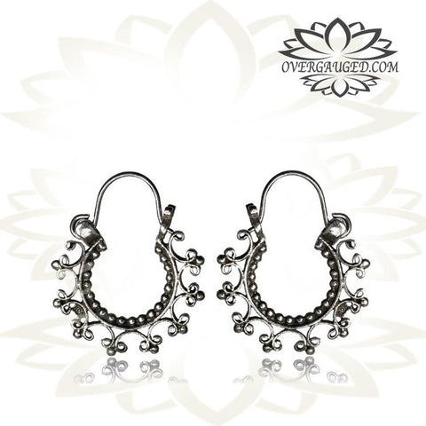 Pair of Brass Earrings, Antiqued Mandala Tribal Hoops, Large Flower Style Hanging Gauges.