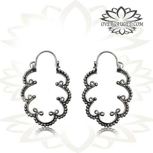 Pair Long Hanging Silver Earrings, Antiqued Afghan Tribal Silver Earrings, Dangling Hoop Earrings, Tribal Silver Jewelry.