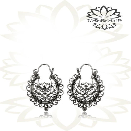 Pair Hanging Sterling Silver Earrings, Tribal Silver Hoop Earrings, Antiqued Tribal Silver Hoops, Thai Hill Tribe Silver Jewelry.