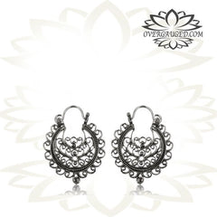 Pair Hanging Sterling Silver Earrings, Tribal Silver Hoop Earrings, Antiqued Tribal Silver Hoops, Thai Hill Tribe Silver Jewelry.