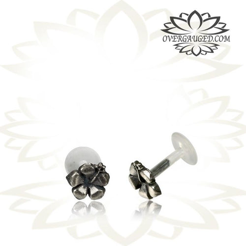 Single 16g (1.2mm) Silver Tragus, Antiqued Flower Labret, Tribal Earring or Madonna Piercing.