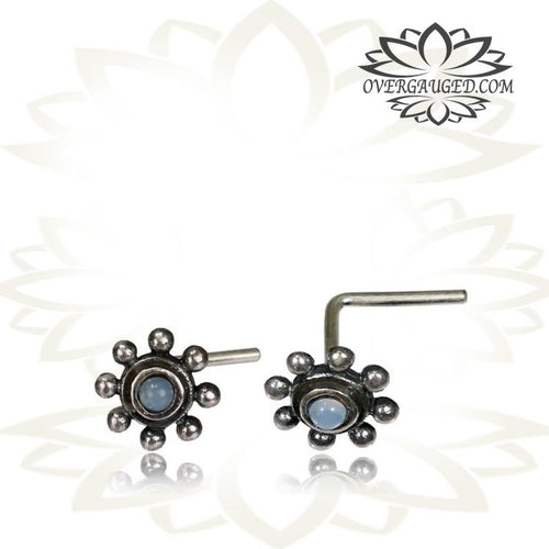 Single Sterling Silver Nose Stud, Ornate Tribal Flower Nose Stud with Moon Stone inlay, Size 20g (.8mm) Nose Ring, Silver Nose Pin.