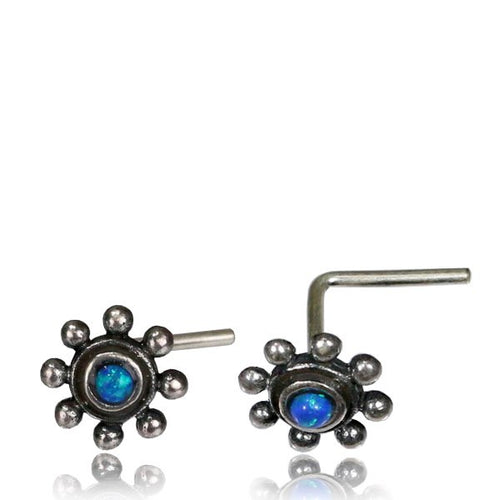 Single Ornate Silver Nose Stud, Tribal Silver Nose Stud Flower with Blue Opal, L Shape Nose Ring, 20g Nose Pin, Tribal Silver Jewelry.