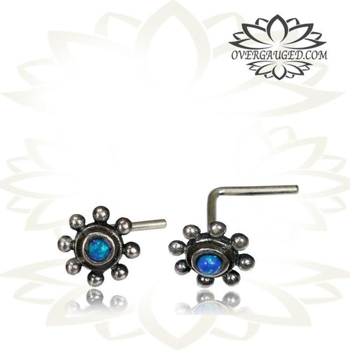 Single Ornate Silver Nose Stud, Tribal Silver Nose Stud Flower with Blue Opal, L Shape Nose Ring, 20g Nose Pin, Tribal Silver Jewelry.