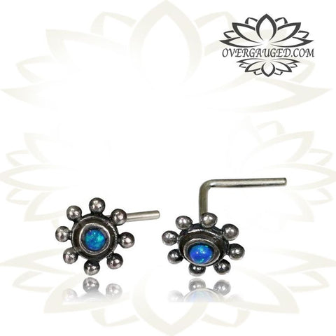 Single Ornate Tribal Flower Brass Nose Stud With Inlayed Turquoise Stone .