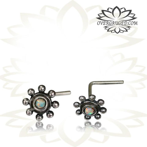 Single Silver Tribal Nose Stud, Sterling Silver Flower Nose Stud with L Shape Back, Tribal Silver Nose Stud, Silver Jewelry.