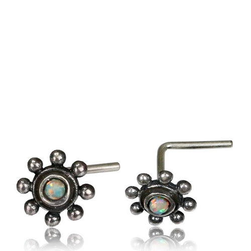 Single Silver Nose Stud, Ornate Tribal Flower, Nose Stud Opal Inlay, 20g Nose Ring L Shape Nose Pin, Tribal Nose Jewelry.