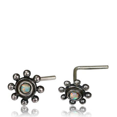 Single Silver Nose Stud, Ornate Tribal Flower, Nose Stud Opal Inlay, 20g Nose Ring L Shape Nose Pin, Tribal Nose Jewelry.