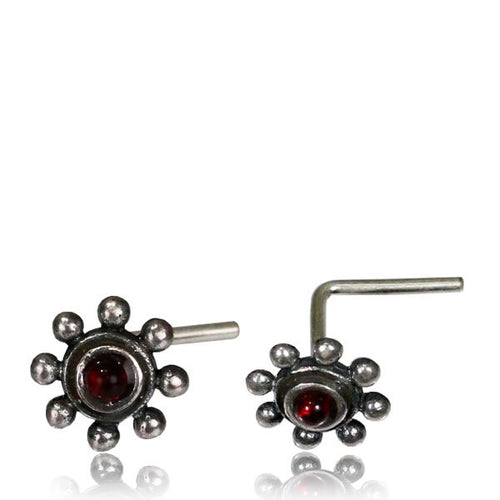 Single Tribal Silver Nose Stud, Nose Ring with Flower Deep Red Garnet inlay, 20g (.8mm) Nose Ring, L Shape Nose Pin, Tribal Silver Jewelry, Body Jewelry.