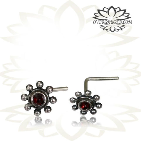 Single Tribal Sterling Silver Nose Stud, Nose Stud Flower with Onyx Stone inlay, Silver 20g Nose Stud, Nose Ring L Shape Back, Nose Pin.