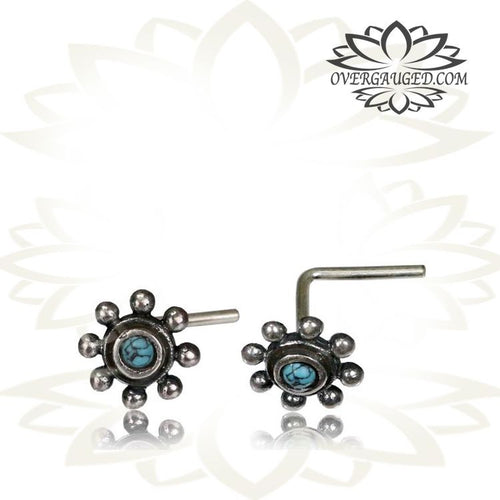 Single Tribal Silver Nose Stud Flower, Nose Stud with Turquoise Stone, Silver 20g Nose Stud, Nose Ring, L Shape Nose Pin, Nose Jewelry.