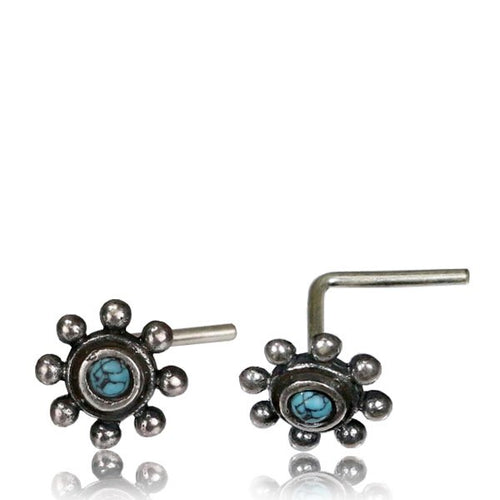 Single Tribal Silver Nose Stud Flower, Nose Stud with Turquoise Stone, Silver 20g Nose Stud, Nose Ring, L Shape Nose Pin, Nose Jewelry.