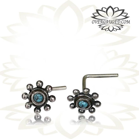 Single Silver Nose Stud, Ornate Tribal Flower, Nose Stud Opal Inlay, 20g Nose Ring L Shape Nose Pin, Tribal Nose Jewelry.