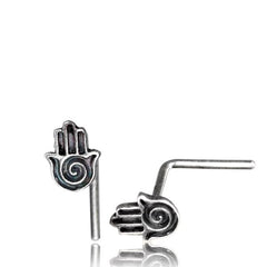 Single Silver Nose Stud,  Ornate Tribal Silver Nose Stud with Hamsa Hand, 20g Nose Ring (L Shape) Nose Pin, Tribal Silver Jewelry.