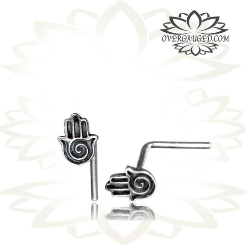 Single Silver Nose Stud,  Ornate Tribal Silver Nose Stud with Hamsa Hand, 20g Nose Ring (L Shape) Nose Pin, Tribal Silver Jewelry.