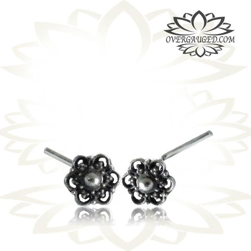 Single Ornate Silver Nose Stud, Tribal Silver Nose Ring, 20g Mandala Flower Nose Stud, Nose Ring L Shape, Silver Nose Pin.