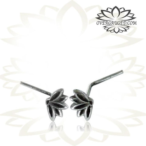 Single Tribal Silver Nose Stud, Nose Ring with Flower Deep Red Garnet inlay, 20g (.8mm) Nose Ring, L Shape Nose Pin, Tribal Silver Jewelry, Body Jewelry.