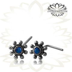 Single Ornate Silver Nose Stud, Tribal Silver Nose Stud Flower with Blue Opal, L Shape Nose Ring, 20g Nose Pin, Tribal Silver Jewelry.