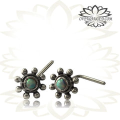 Single Silver Nose Stud, Ornate Tribal Flower, Nose Stud Opal Inlay, 20g Nose Ring L Shape Nose Pin, Tribal Nose Jewelry.