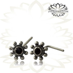 Single Tribal Sterling Silver Nose Stud, Nose Stud Flower with Onyx Stone inlay, Silver 20g Nose Stud, Nose Ring L Shape Back, Nose Pin.