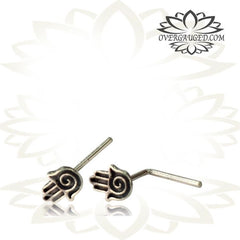 Single Silver Nose Stud,  Ornate Tribal Silver Nose Stud with Hamsa Hand, 20g Nose Ring (L Shape) Nose Pin, Tribal Silver Jewelry.