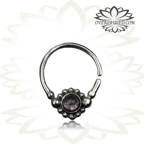 Single Sterling Silver Septum Ring With Amethyst Stone, Ring Diameter 9mm. Silver septum jewelry.
