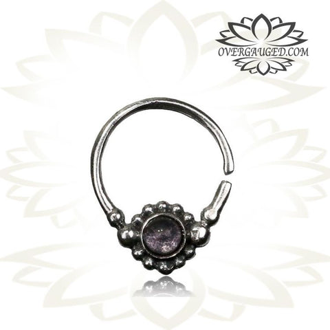 Single 16g Real Silver Septum Ring Set Onyx Stone - Antiqued Tribal Silver Septum Ring Nose 9mm Silver Hoop Piercing.