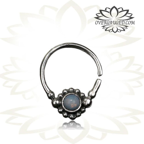 Single Sterling Silver Septum Ring, Set Moon Stone - Antiqued Tribal Silver Septum Ring, 9mm Ring.