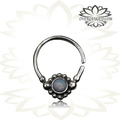 Single Sterling Silver Septum Ring, Set Moon Stone - Antiqued Tribal Silver Septum Ring, 9mm Ring.