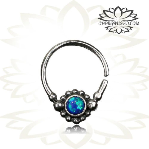 Single Sterling Silver Septum Ring Set Blue Opal Stone - Antiqued Tribal Silver Septum Ring, Hoop is 9mm, Nose Jewelry.