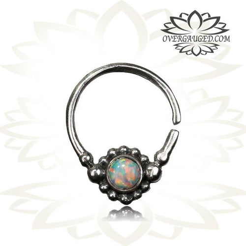 Single Sterling Silver With White Opal Stone Septum Ring, Silver 16g Antiqued Tribal Silver Septum Ring Nose, 9mm Ring.