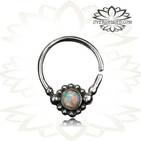 Single 16g Real Silver Septum Ring Set Onyx Stone - Antiqued Tribal Silver Septum Ring Nose 9mm Silver Hoop Piercing.